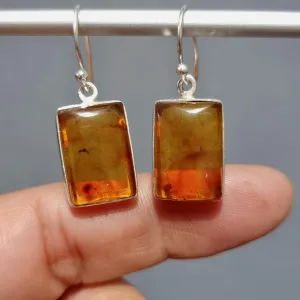 Large Rectangle Baltic Amber 925 Sterling Silver Earrings, AMBE3