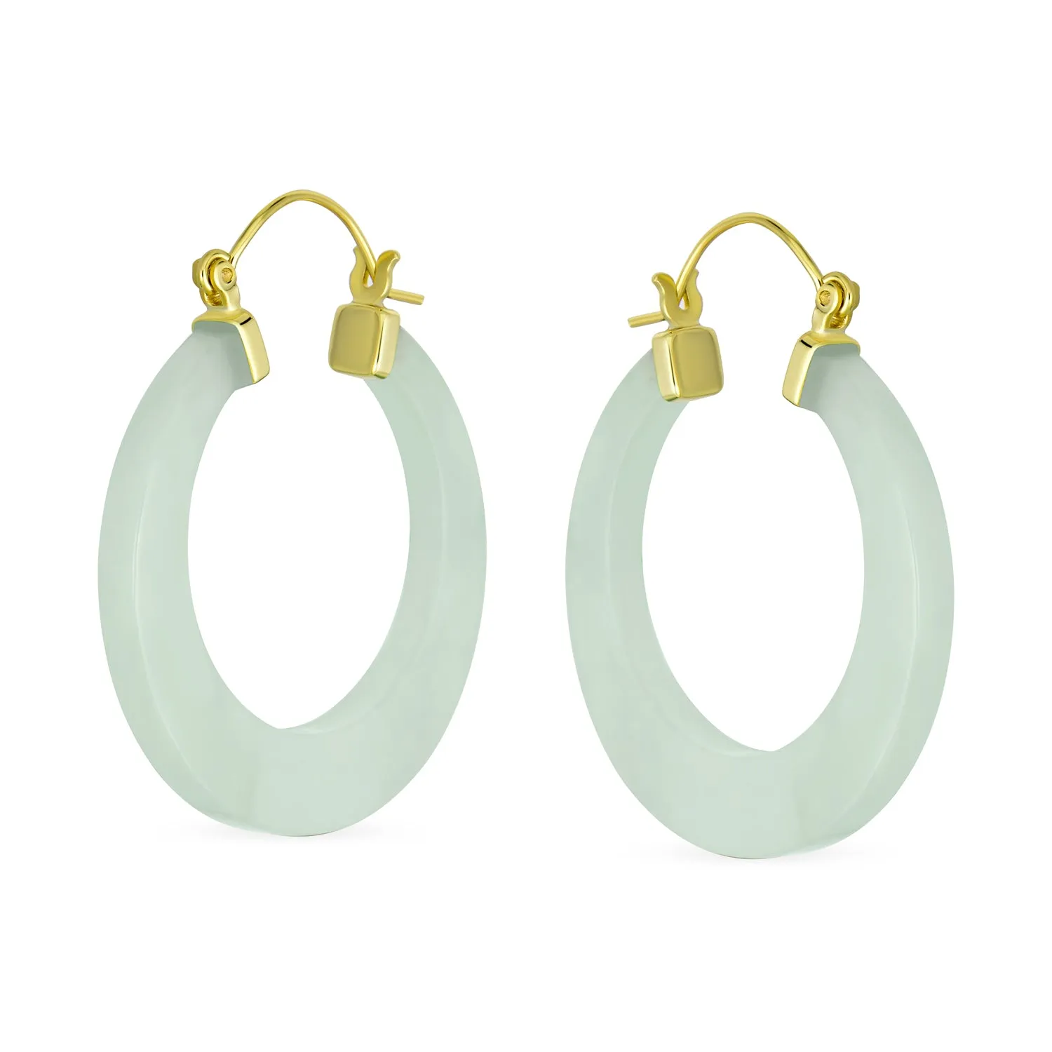 Light Green Jade CZ Hoop Earrings 14K Gold Plated Sterling Silver 1.2 Inch