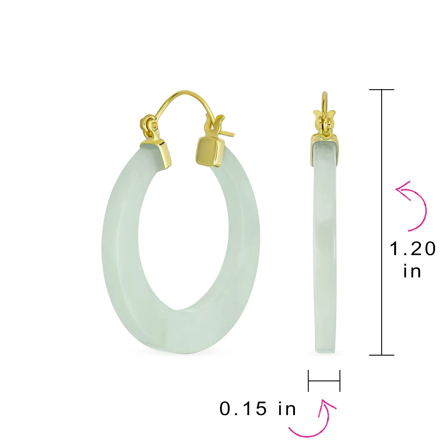 Light Green Jade CZ Hoop Earrings 14K Gold Plated Sterling Silver 1.2 Inch