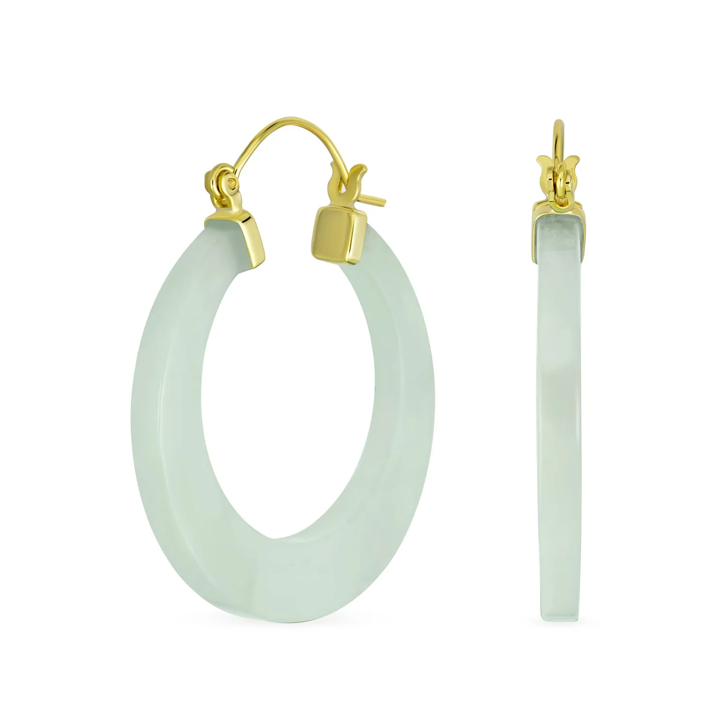 Light Green Jade CZ Hoop Earrings 14K Gold Plated Sterling Silver 1.2 Inch