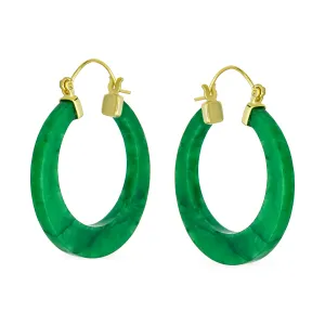 Light Green Jade CZ Hoop Earrings 14K Gold Plated Sterling Silver 1.2 Inch