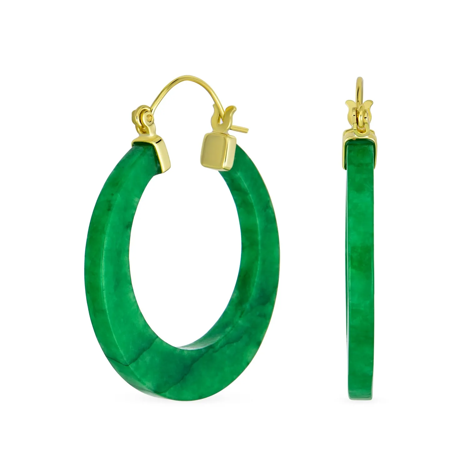 Light Green Jade CZ Hoop Earrings 14K Gold Plated Sterling Silver 1.2 Inch