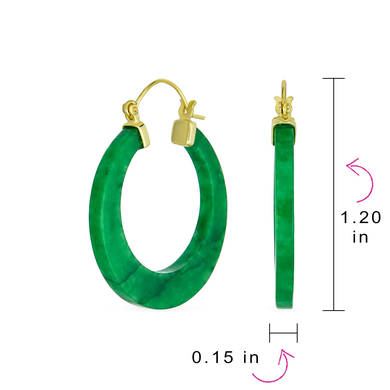 Light Green Jade CZ Hoop Earrings 14K Gold Plated Sterling Silver 1.2 Inch