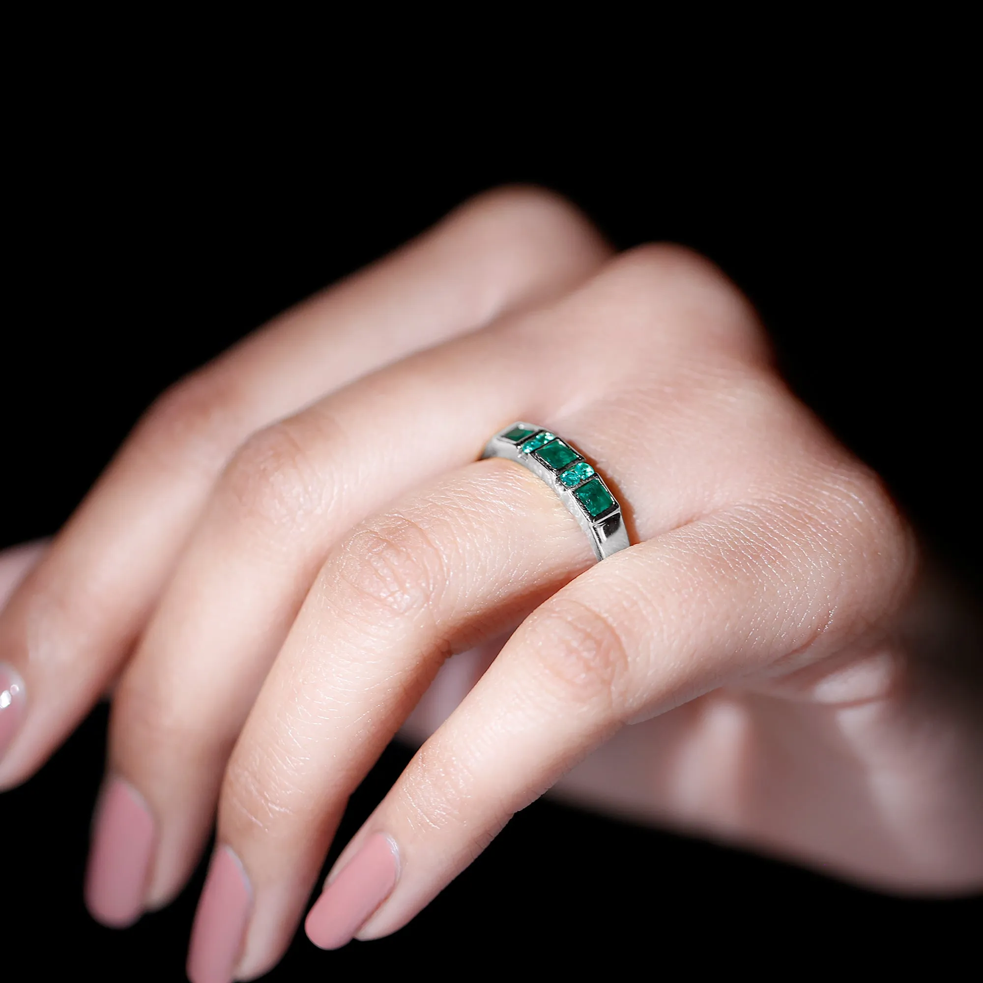 May Birthstone 1/4 CT Bezel Set Emerald Band Ring