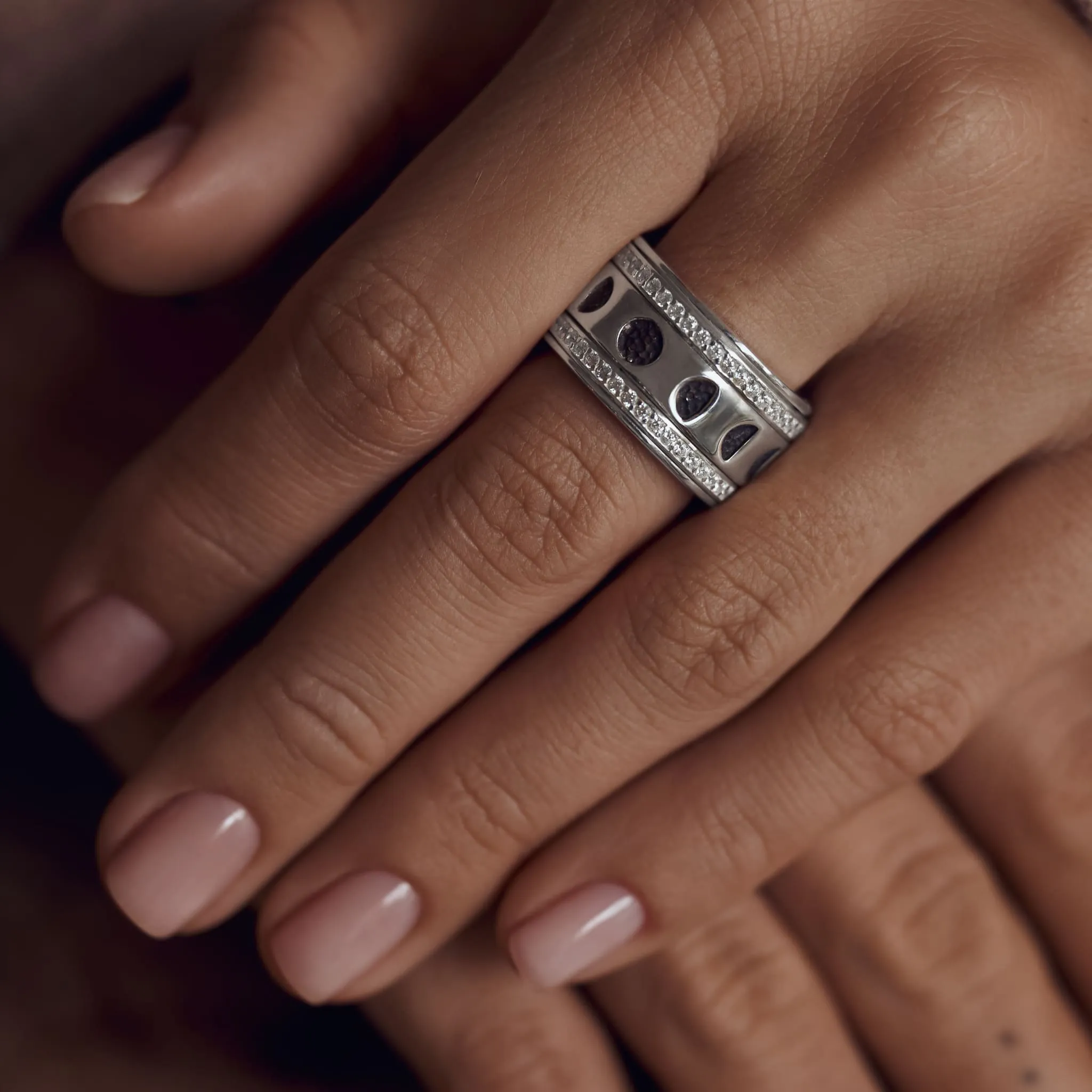 Mechanism Ring With Moon Phases and Zircons