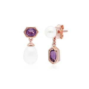 Moderne Perle & Amethyst Asymmetrische Tropfen Ohrringe in Rose Vergoldetem Sterling Silber