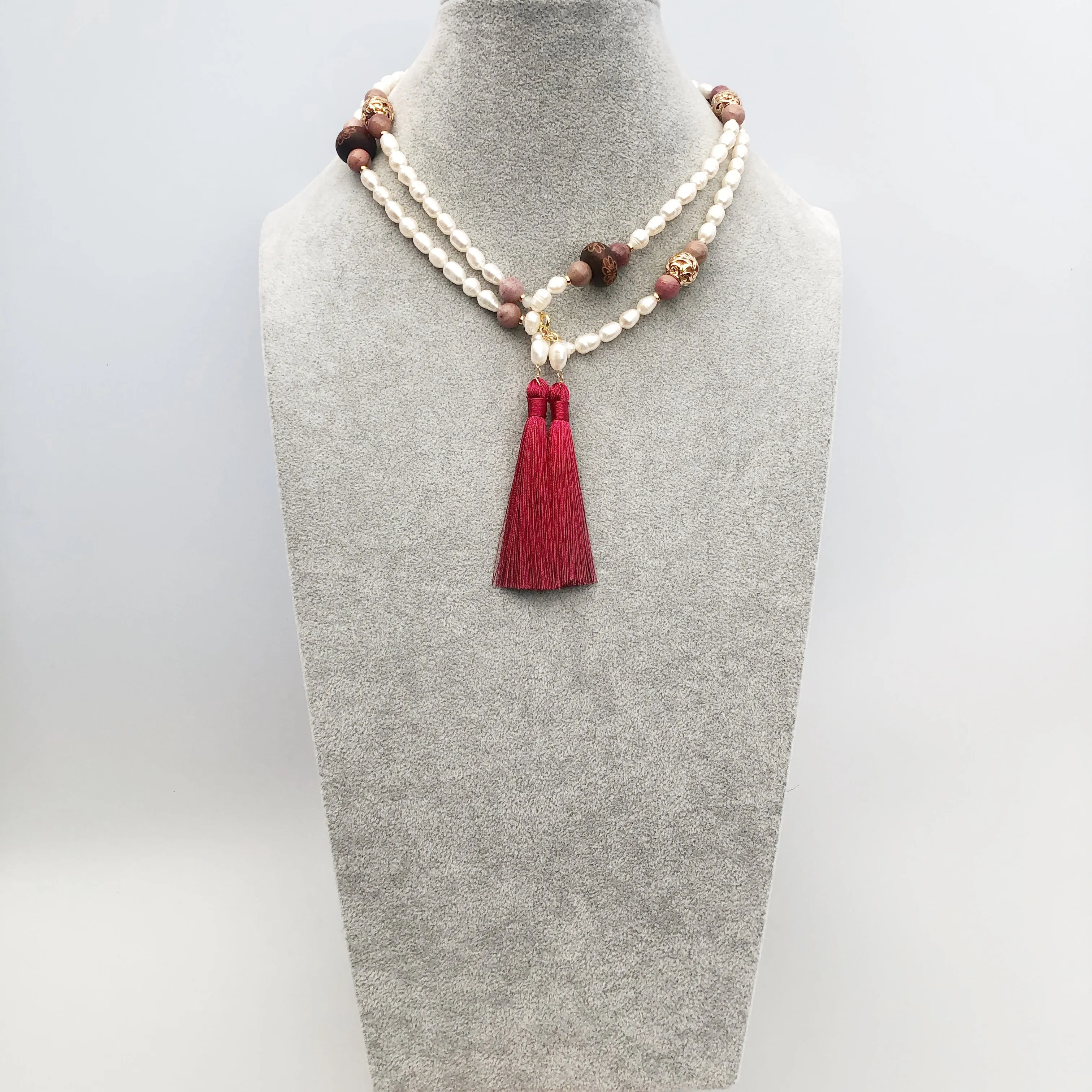 Multi-style Baroque Pearl Lariat Necklace Set with Red Tassels