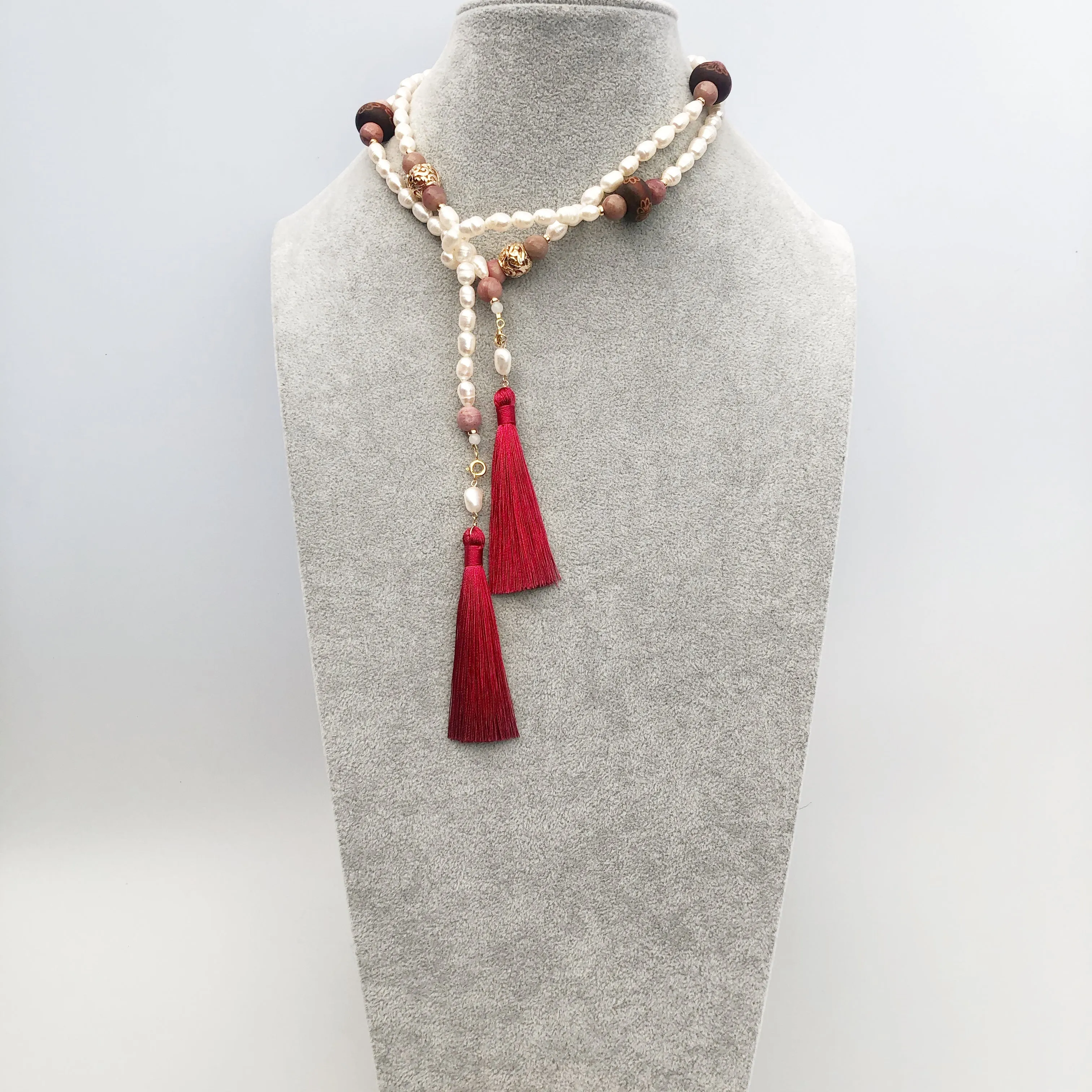 Multi-style Baroque Pearl Lariat Necklace Set with Red Tassels