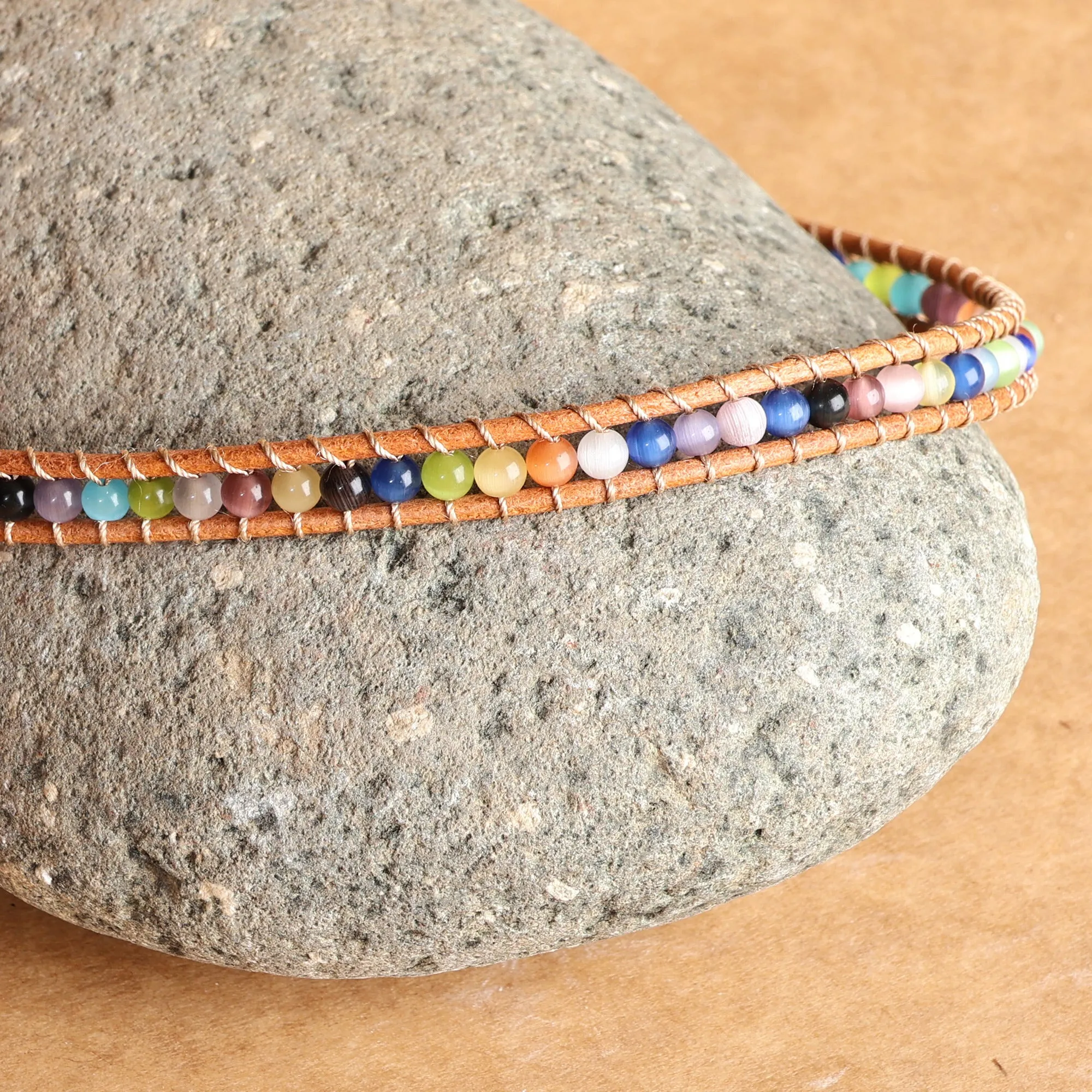 Multicolor Agate Beaded Choker Necklace with Leather Accents - Summery Colors | NOVICA