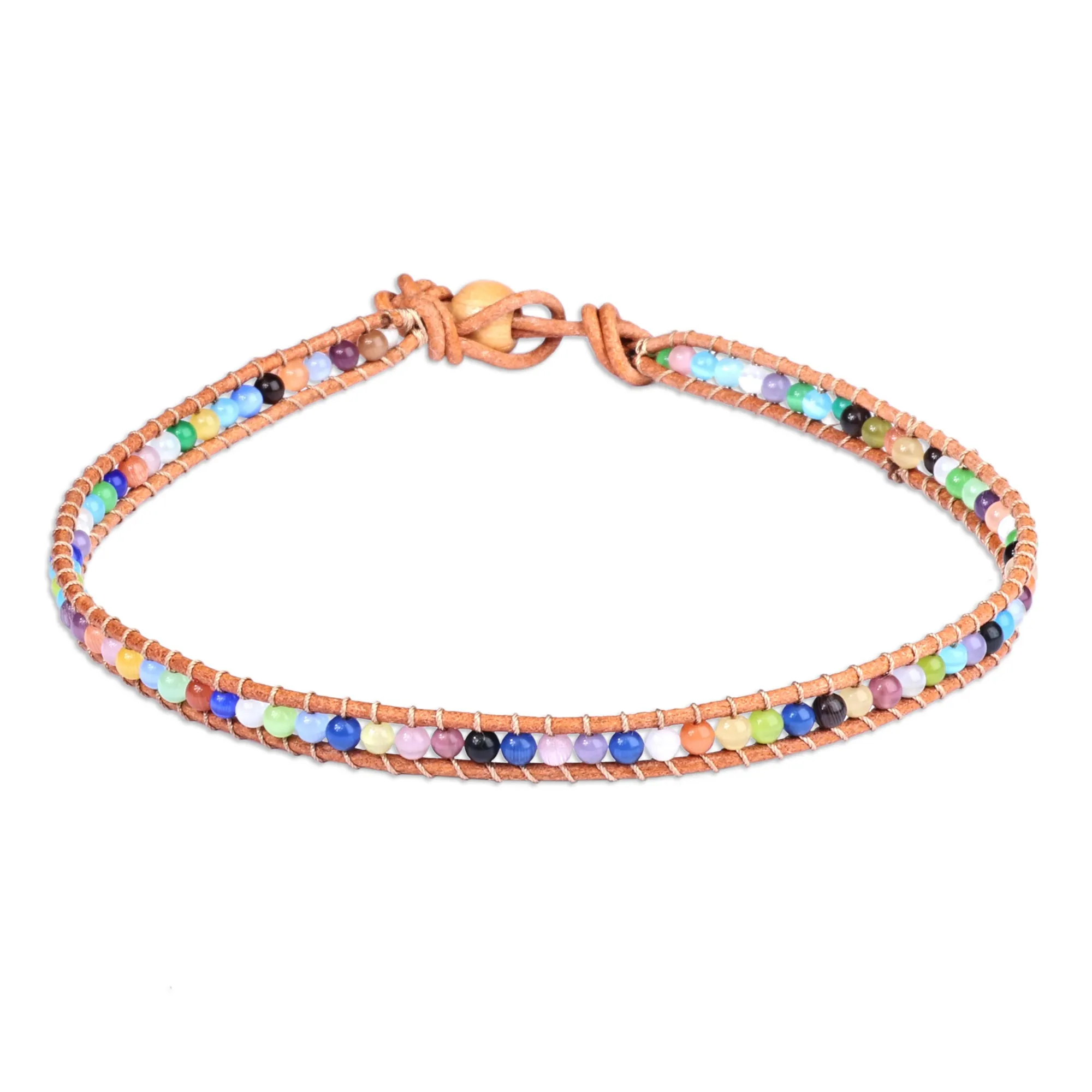 Multicolor Agate Beaded Choker Necklace with Leather Accents - Summery Colors | NOVICA