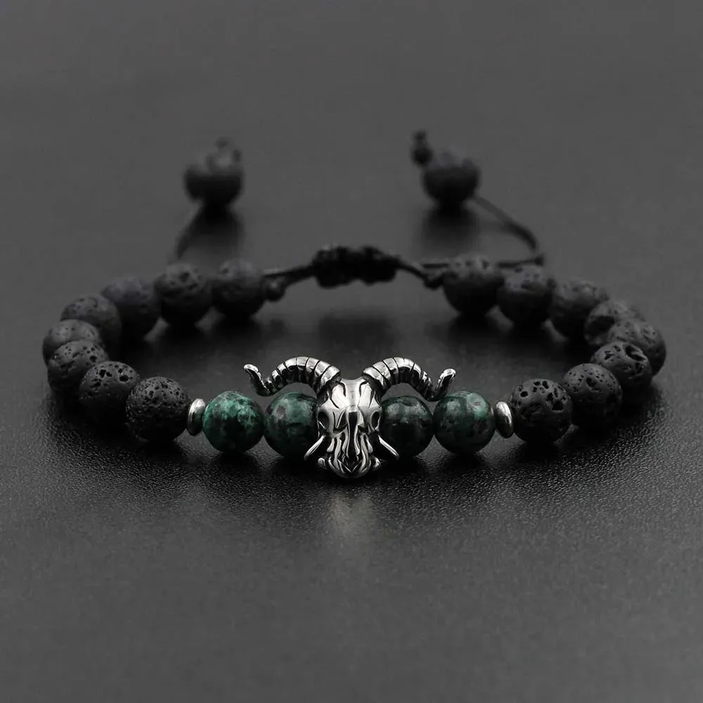 Natural Stone Lava Elastic Bracelet Stainless Steel Animal Owl Goat Charm Beaded Braid Bracelet & Bangle  Jewelry for Men Women