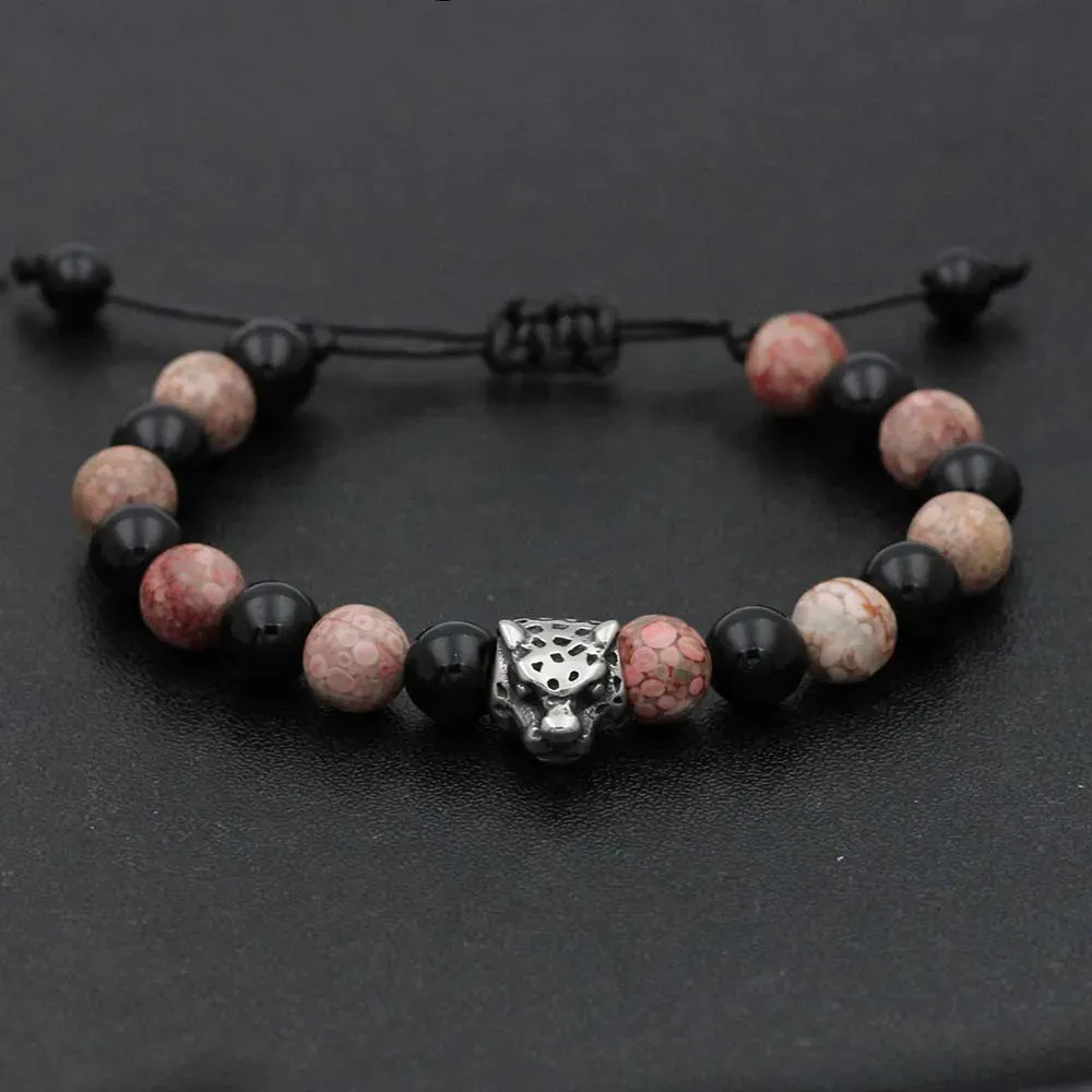 Natural Stone Lava Elastic Bracelet Stainless Steel Animal Owl Goat Charm Beaded Braid Bracelet & Bangle  Jewelry for Men Women