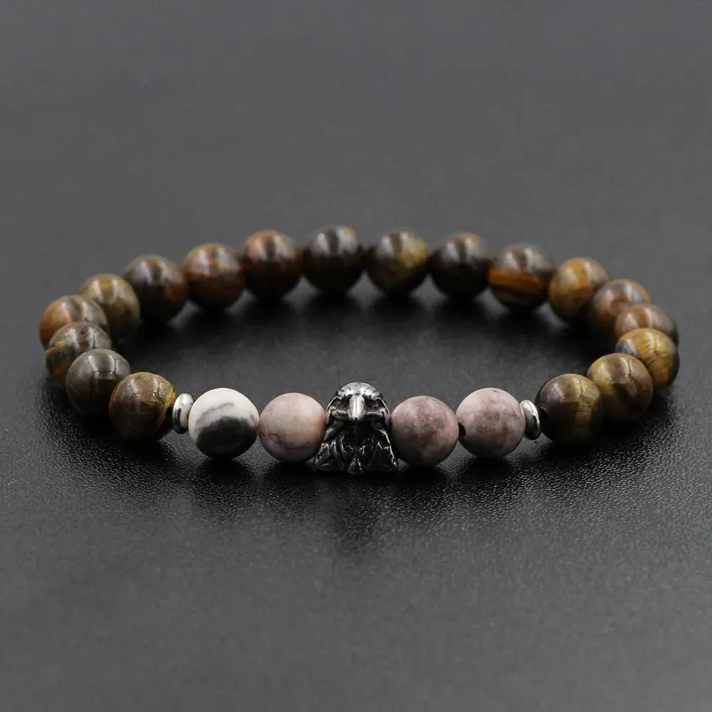 Natural Stone Lava Elastic Bracelet Stainless Steel Animal Owl Goat Charm Beaded Braid Bracelet & Bangle  Jewelry for Men Women