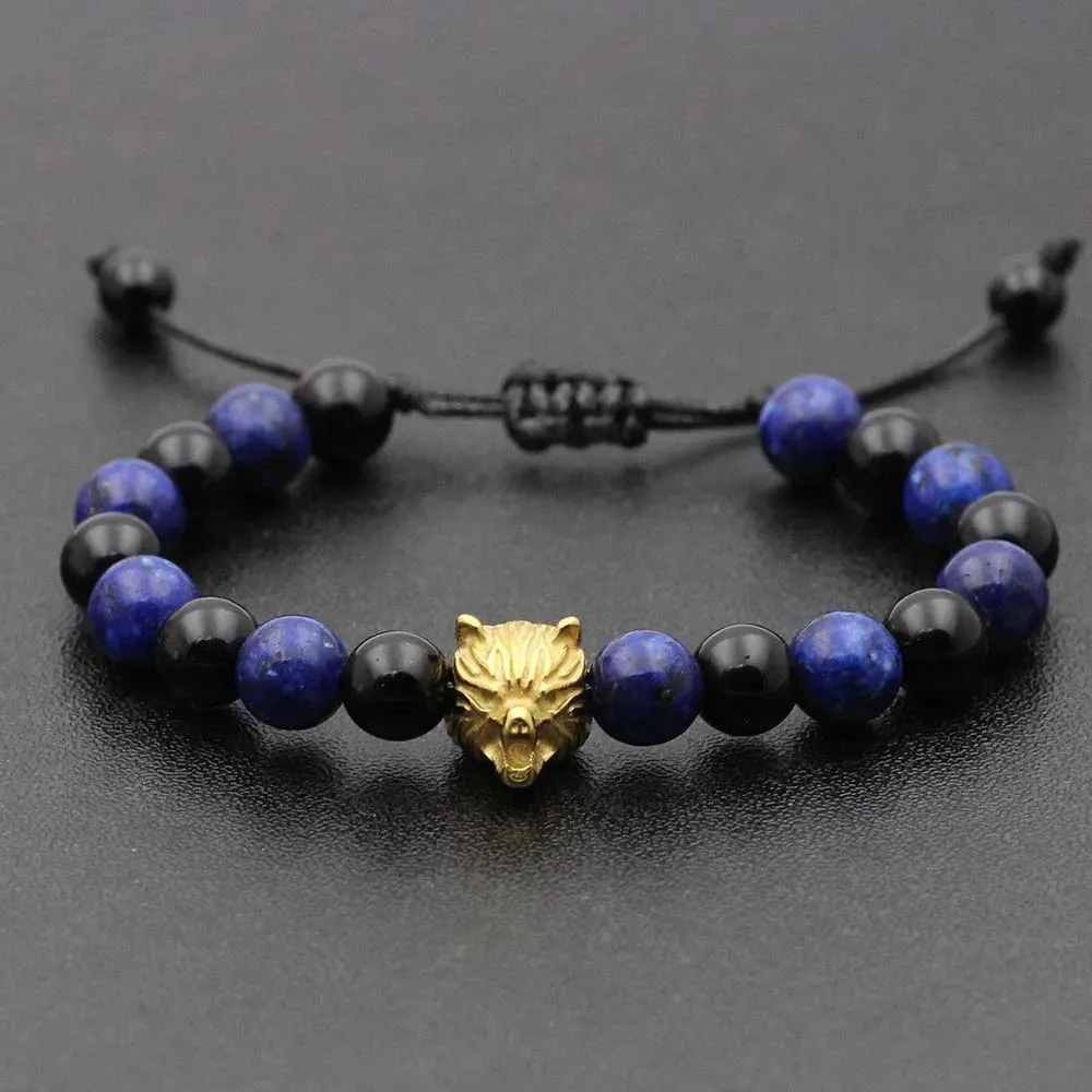 Natural Stone Lava Elastic Bracelet Stainless Steel Animal Owl Goat Charm Beaded Braid Bracelet & Bangle  Jewelry for Men Women