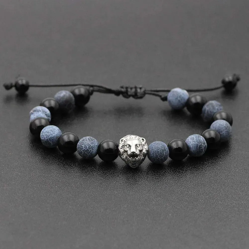 Natural Stone Lava Elastic Bracelet Stainless Steel Animal Owl Goat Charm Beaded Braid Bracelet & Bangle  Jewelry for Men Women