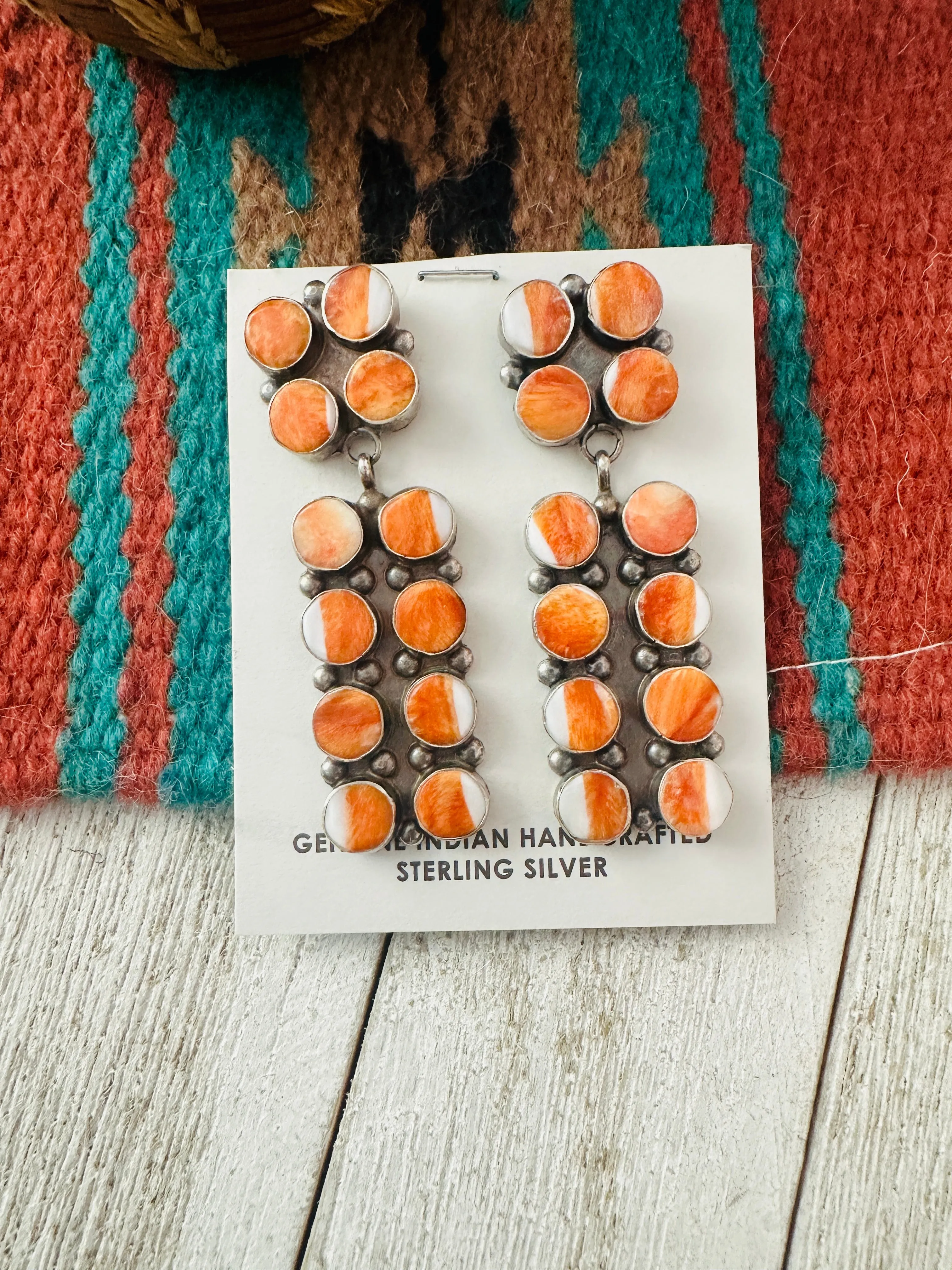 Navajo Orange Spiny And Sterling Silver Dangle Earrings by Jacqueline Silver