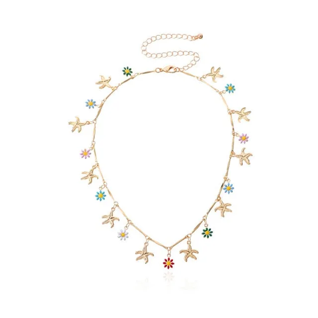 New Korea Lovely Daisy Flowers Colorful Beaded Charm Statement Short Choker Necklace for Women Vacation Jewelry