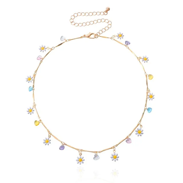 New Korea Lovely Daisy Flowers Colorful Beaded Charm Statement Short Choker Necklace for Women Vacation Jewelry