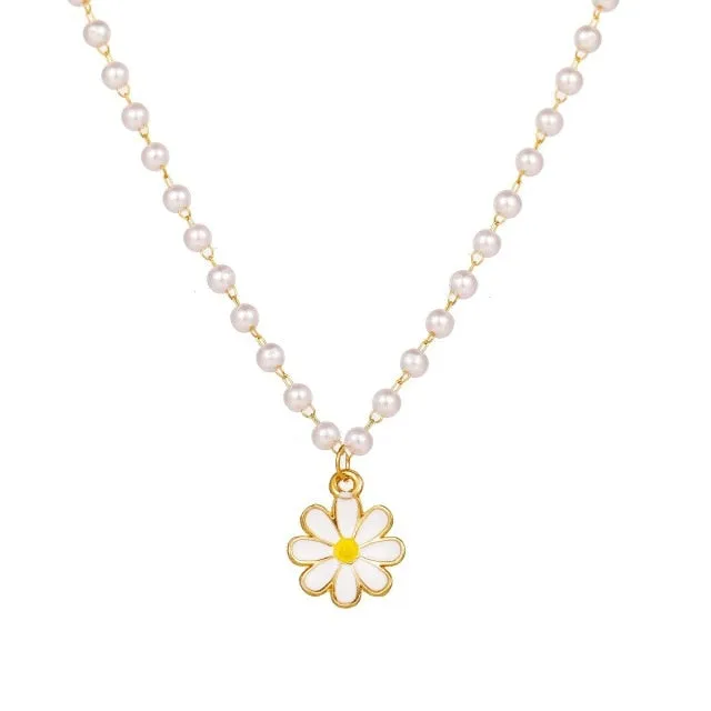 New Korea Lovely Daisy Flowers Colorful Beaded Charm Statement Short Choker Necklace for Women Vacation Jewelry