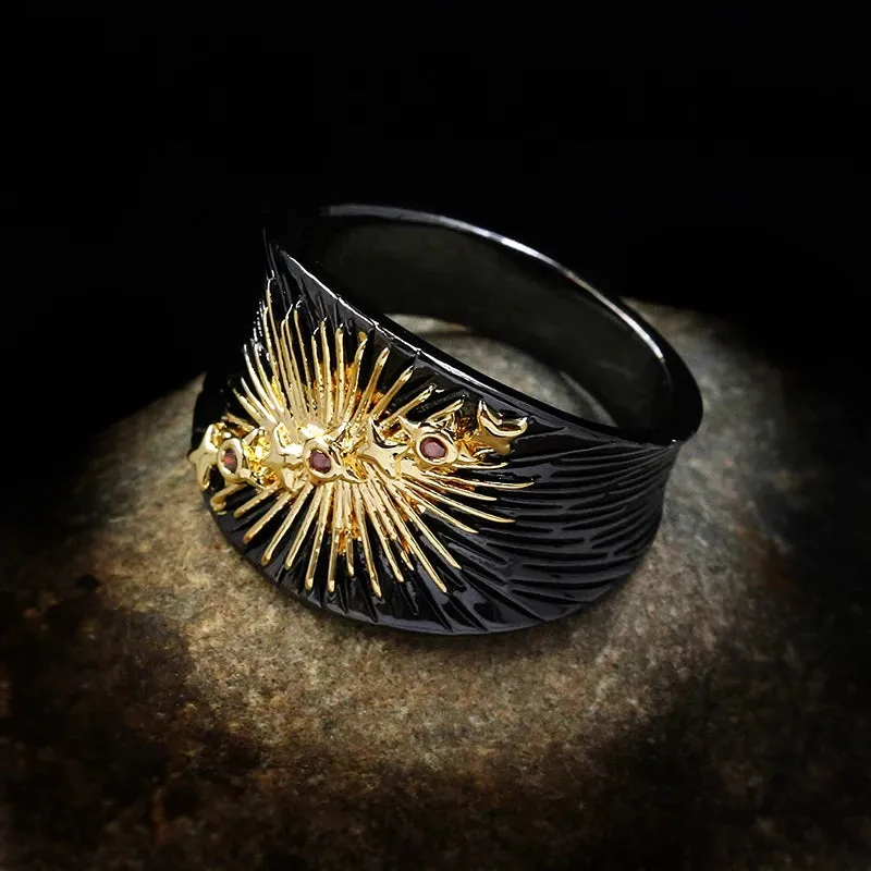 New Unique Black Gold Sun Flower Embossed Planets 925 Silver Ring Men's and Women's Rings To Attend Cocktail Party Jewelry33