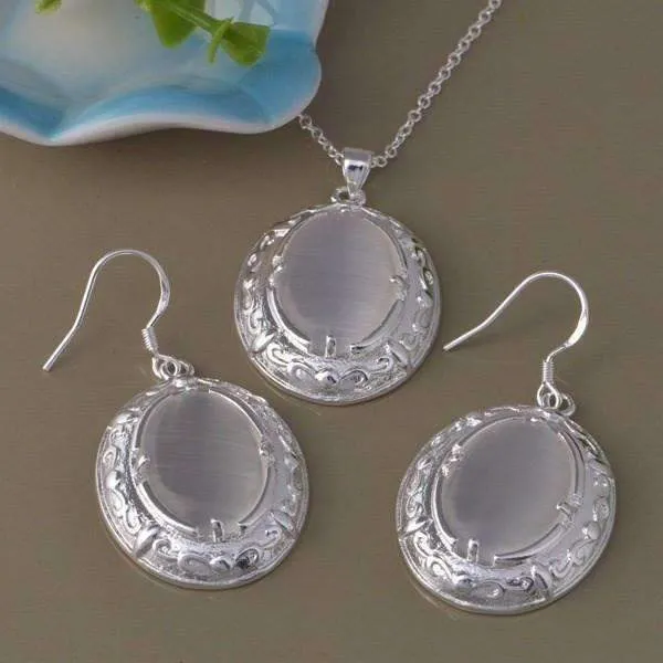 Orange Opalite Cat-Eye Matching Sterling Silver Necklace and Earrings Set