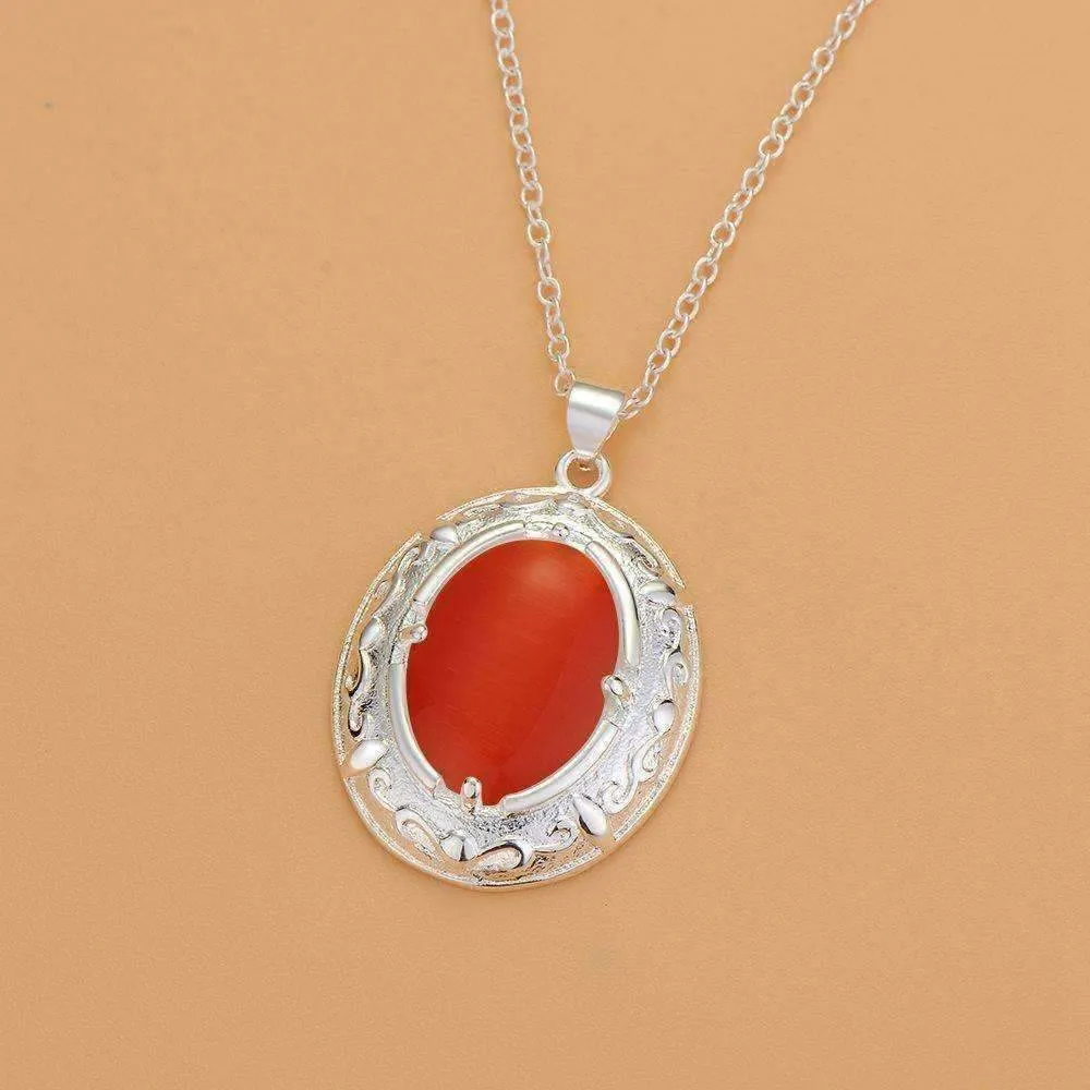 Orange Opalite Cat-Eye Matching Sterling Silver Necklace and Earrings Set