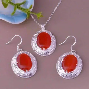 Orange Opalite Cat-Eye Matching Sterling Silver Necklace and Earrings Set