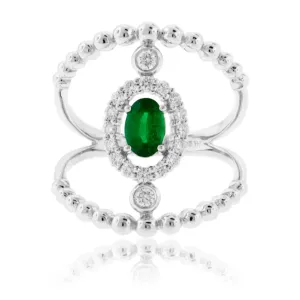 Oval Green Emerald & Diamond Vintage Inspired Style Ring