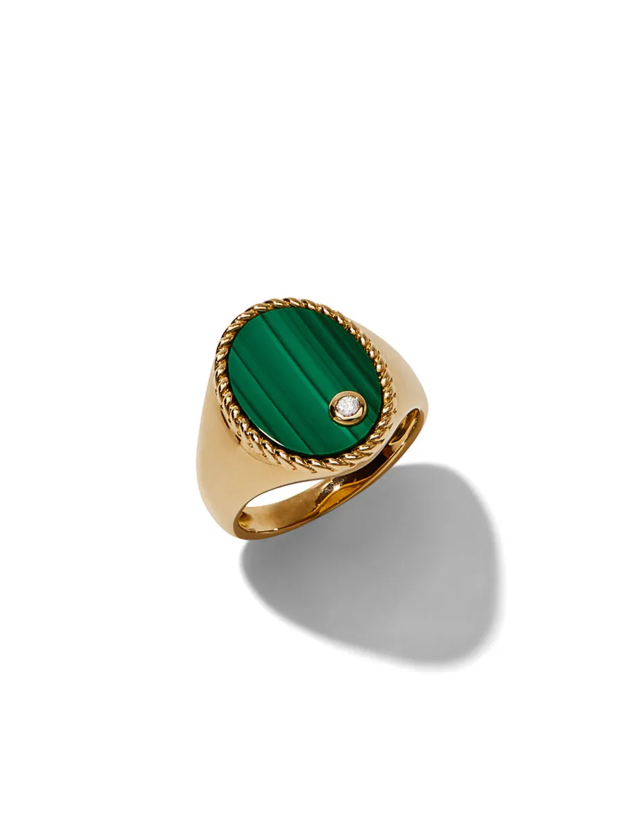 Oval Malachite Cheveliere Yellow Gold Signet Ring