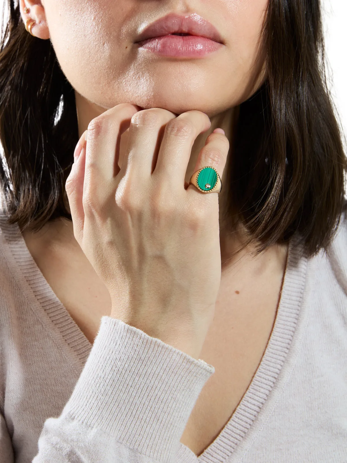 Oval Malachite Cheveliere Yellow Gold Signet Ring