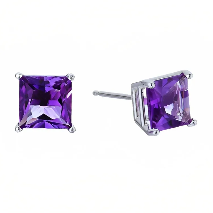 Paris Jewelry 18k White Gold 2 Pair Created Amethyst 6mm Round & Princess Cut Stud Earrings Plated