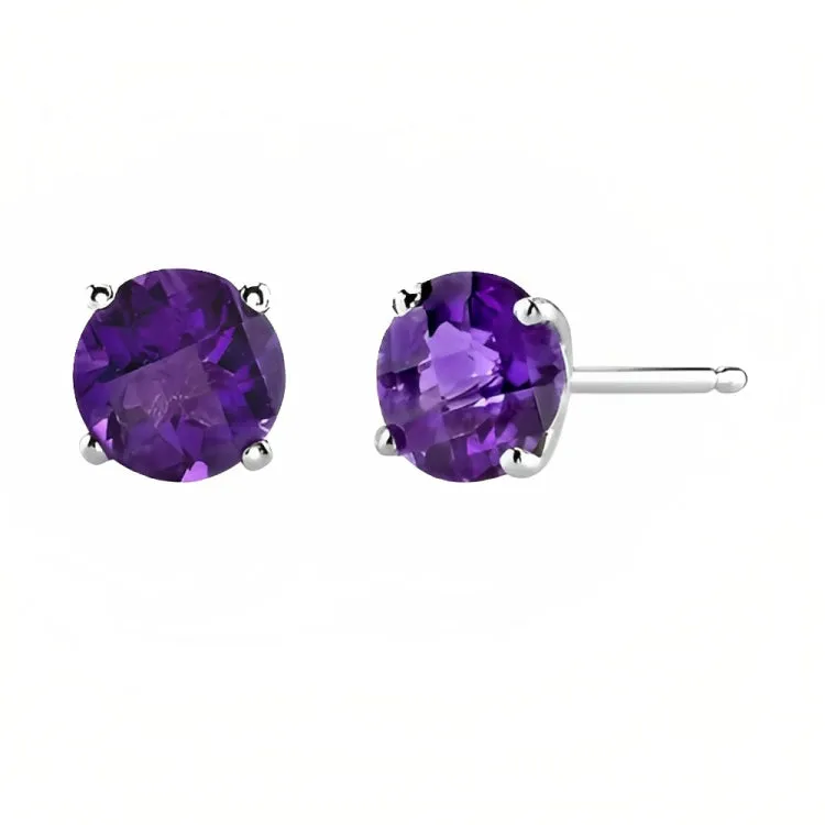 Paris Jewelry 18k White Gold 2 Pair Created Amethyst 6mm Round & Princess Cut Stud Earrings Plated