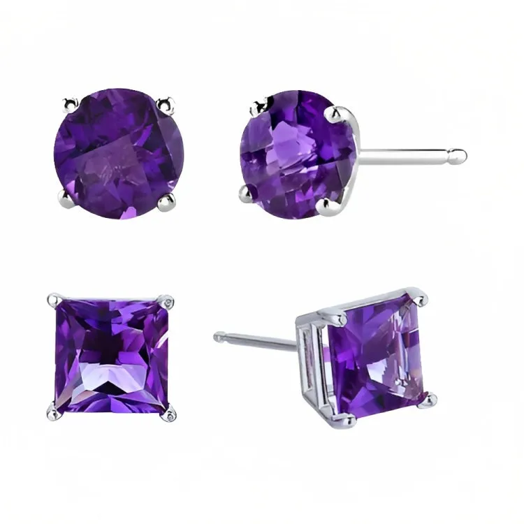 Paris Jewelry 18k White Gold 2 Pair Created Amethyst 6mm Round & Princess Cut Stud Earrings Plated