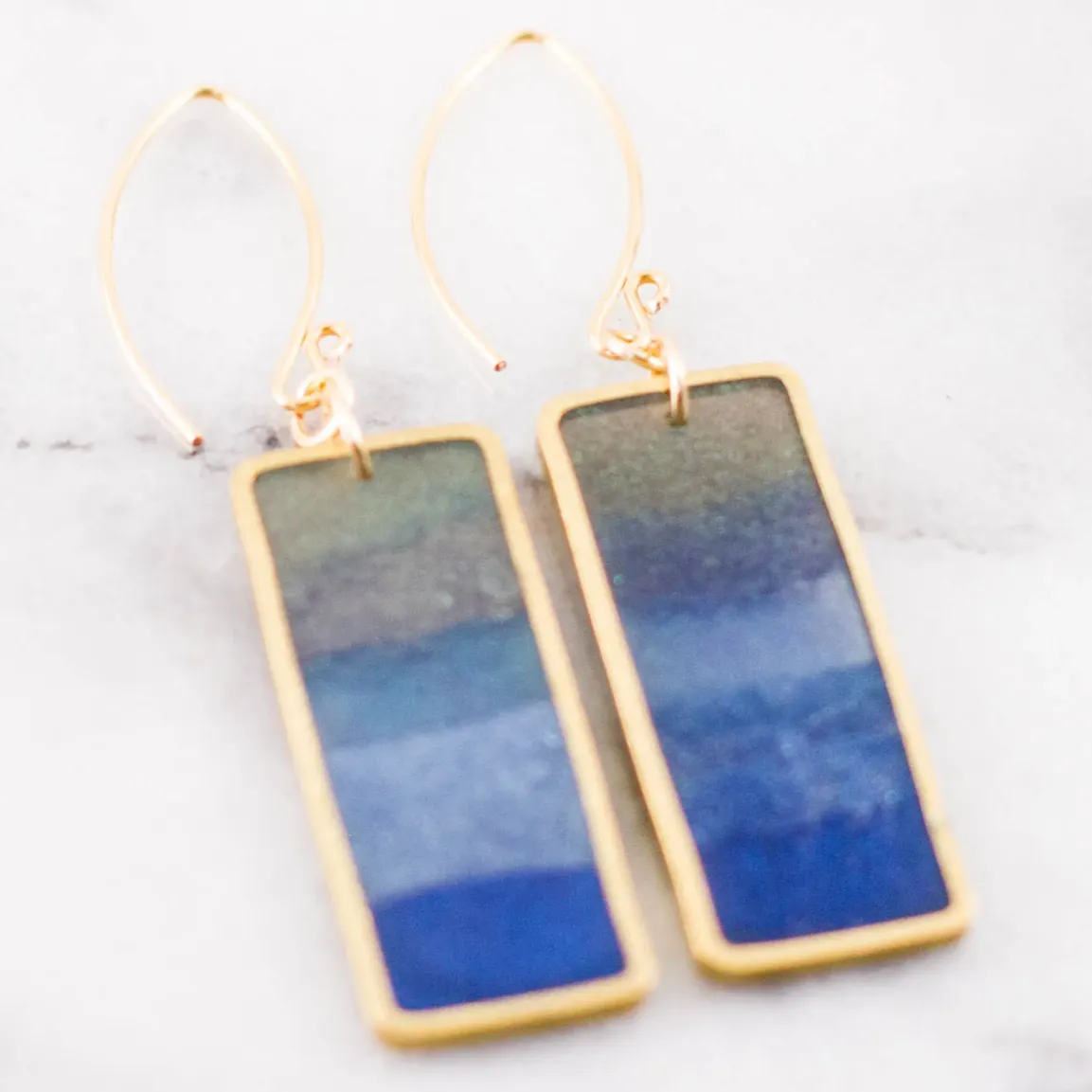 Peacock Ombre Brass Rectangle Earrings