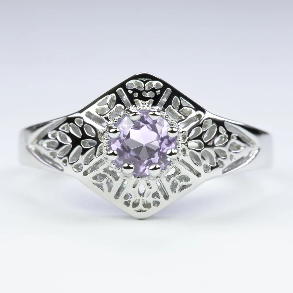 PINK AMETHYST STERLING SILVER RING VINTAGE STYLE FILIGREE GEMSTONE ART DECO