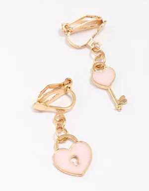 Pink Heart & Lock Clip-On Earrings