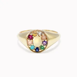 Rainbow Compass Signet Ring - "Love Story" Message - 9 Stones