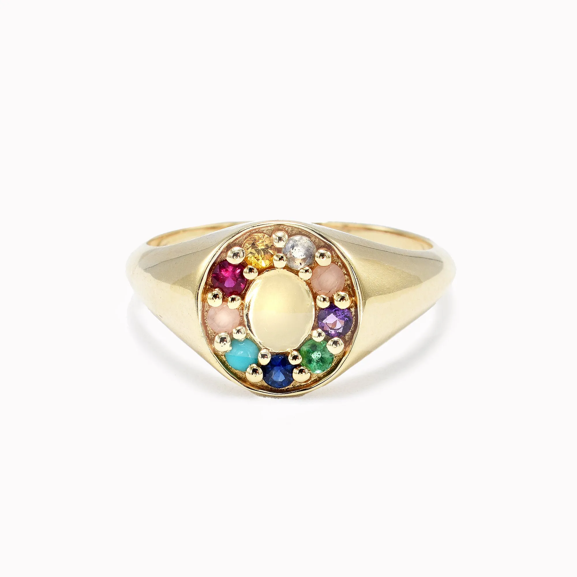 Rainbow Compass Signet Ring - "Love Story" Message - 9 Stones