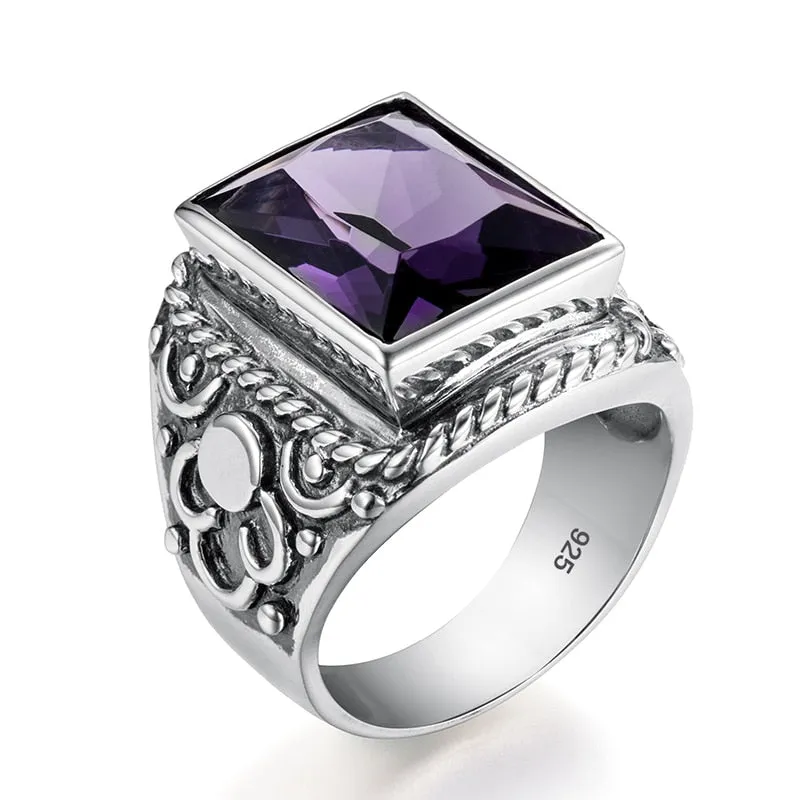 Real 925 Sterling Silver Heavy Signet Rings Men's Massive Amethyst 12*16mm Stone