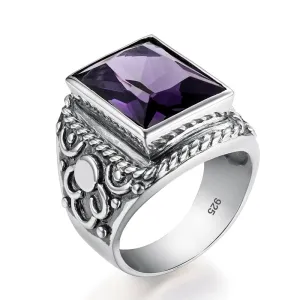 Real 925 Sterling Silver Heavy Signet Rings Men's Massive Amethyst 12*16mm Stone