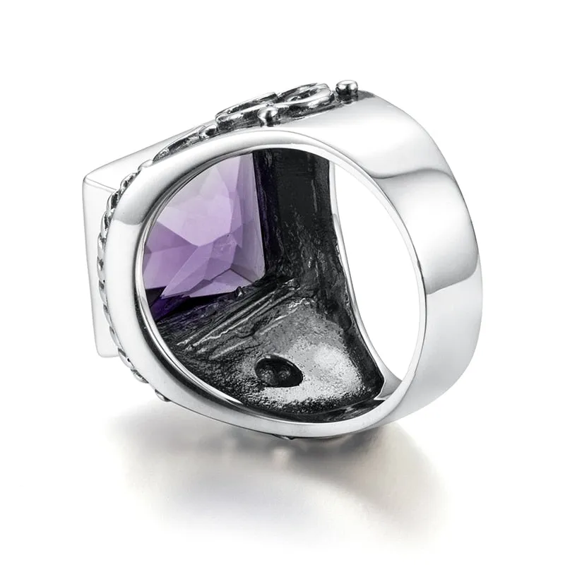 Real 925 Sterling Silver Heavy Signet Rings Men's Massive Amethyst 12*16mm Stone