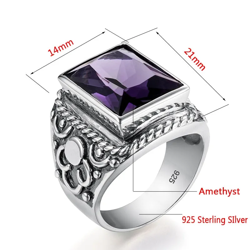 Real 925 Sterling Silver Heavy Signet Rings Men's Massive Amethyst 12*16mm Stone