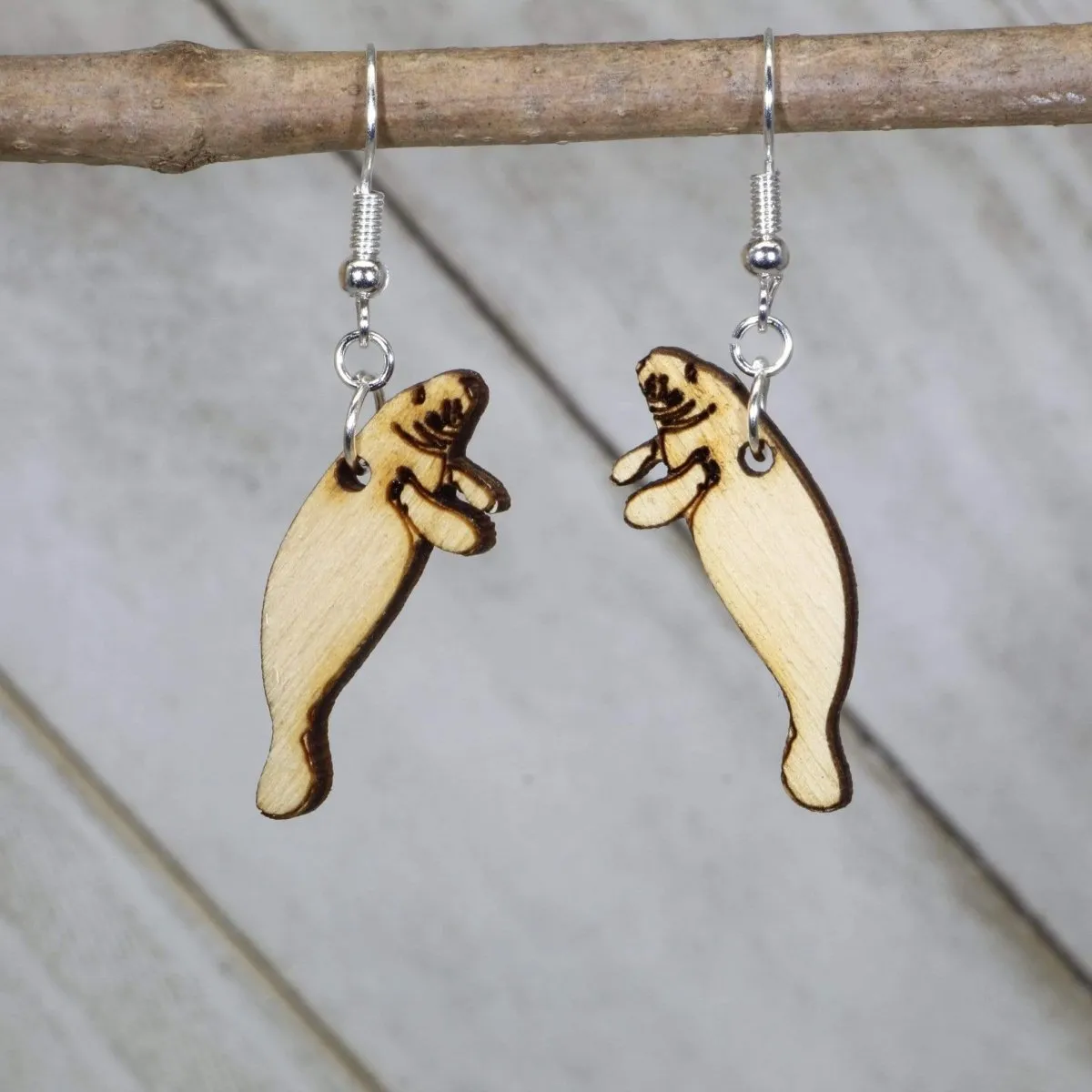 Realistic Manatee Wooden Dangle Earrings by Cate's Concepts, LLC