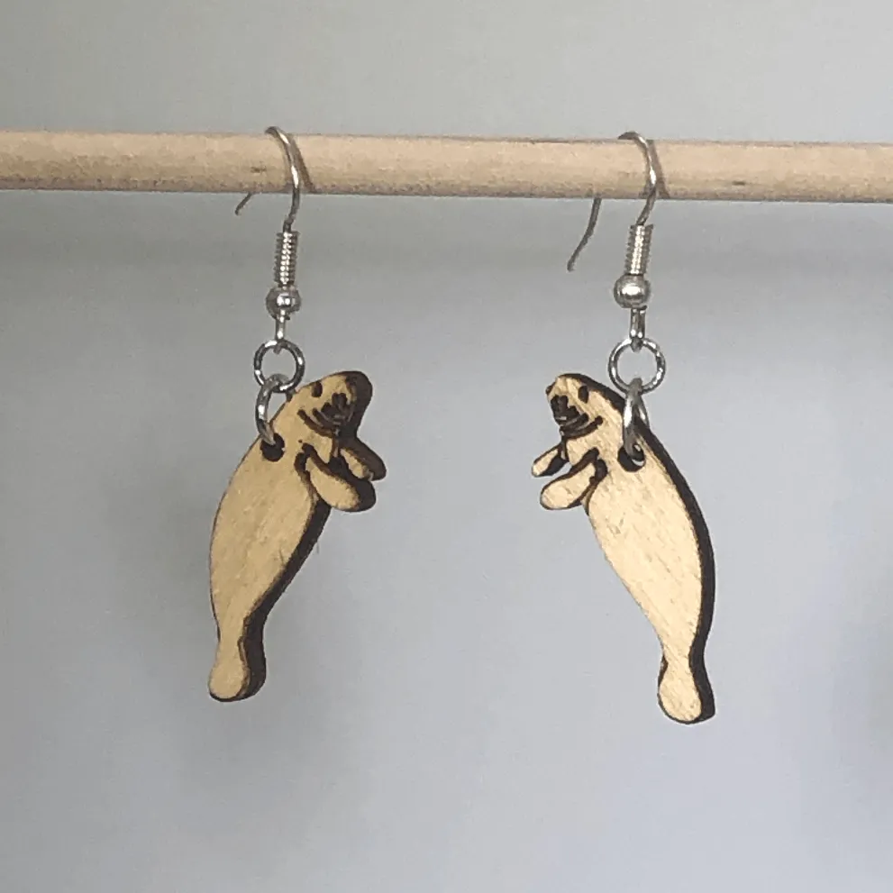 Realistic Manatee Wooden Dangle Earrings by Cate's Concepts, LLC