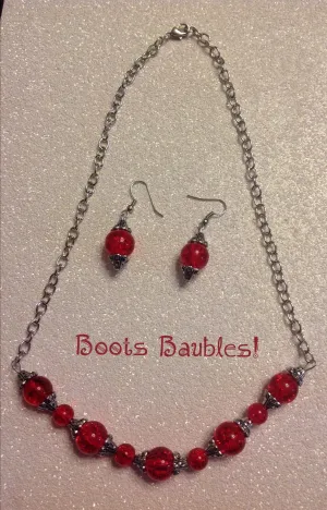 Red beaded necklace with earrings