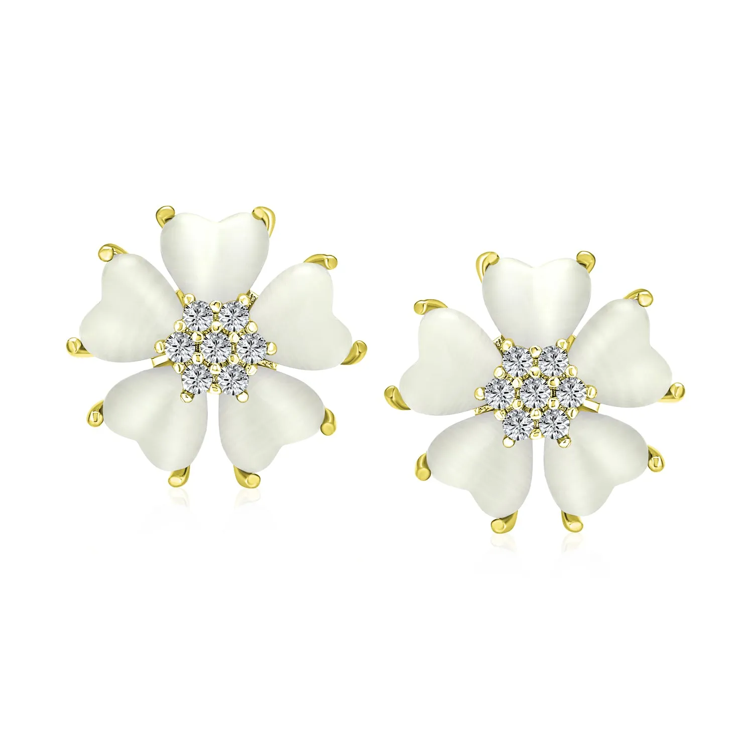 Romantic Mother of Pearl CZ Jade Heart Petal Flower Clip-On Earrings GoldSilver