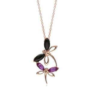 Rose Gold Whitby Jet & Amethyst Dragonfly Pendant