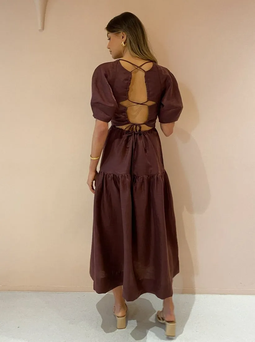 Shona Joy Marlene Open Back Midi Dress in Chocolate