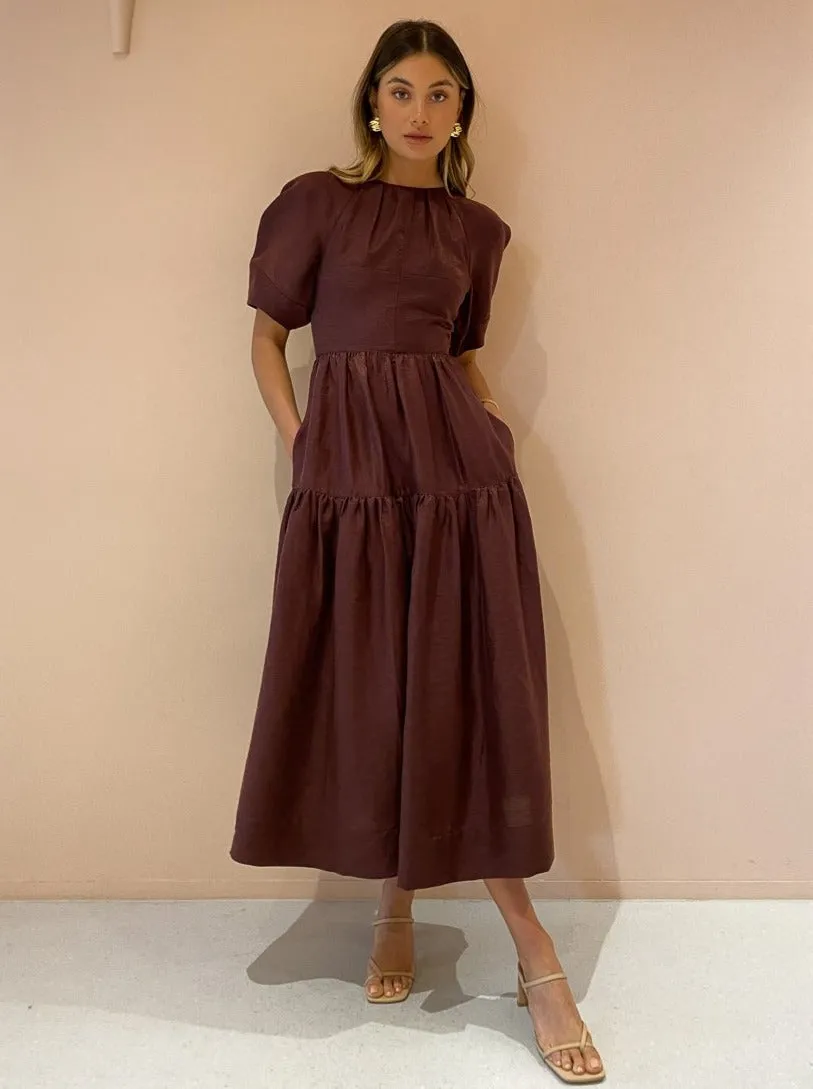 Shona Joy Marlene Open Back Midi Dress in Chocolate