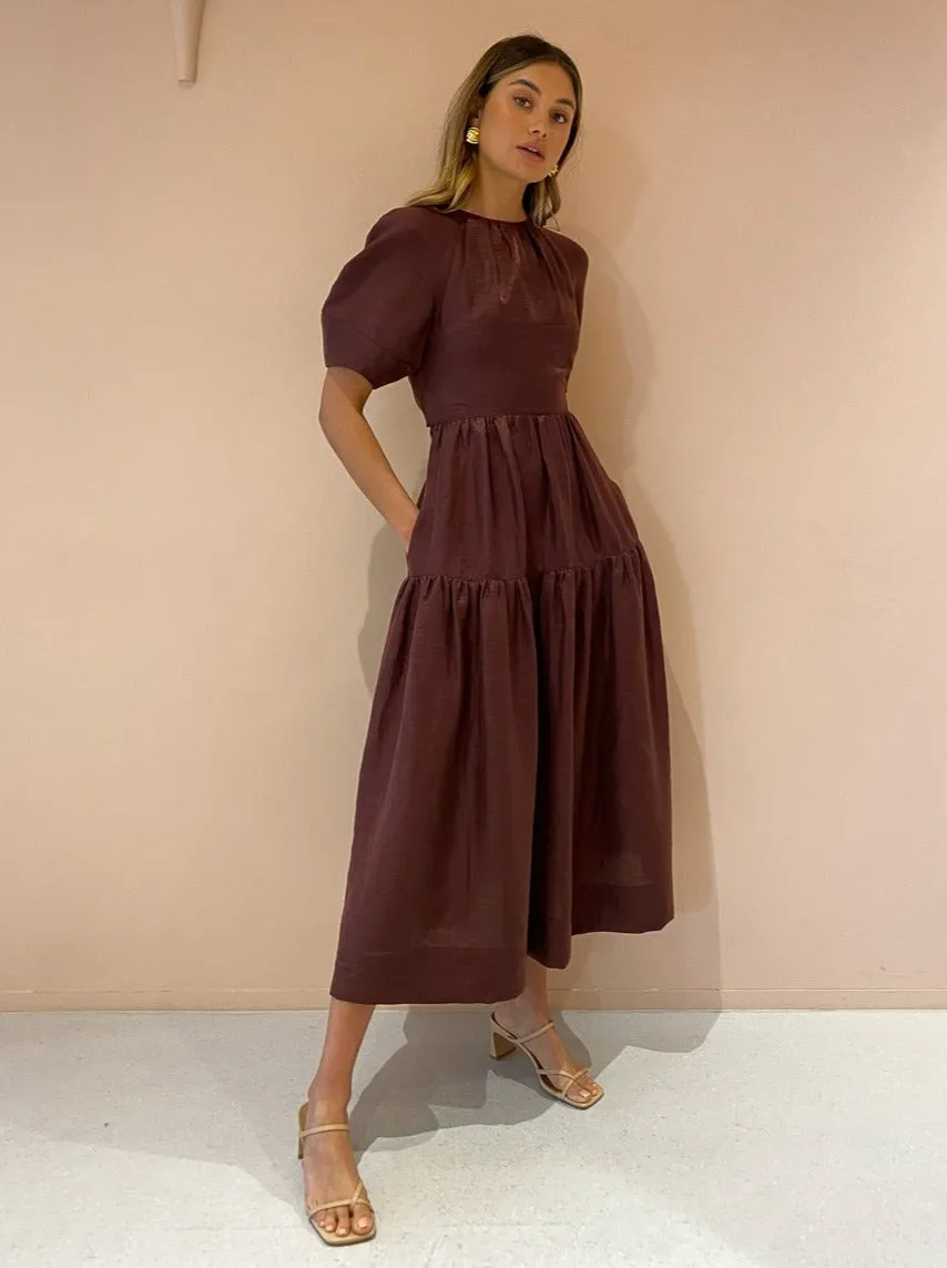 Shona Joy Marlene Open Back Midi Dress in Chocolate